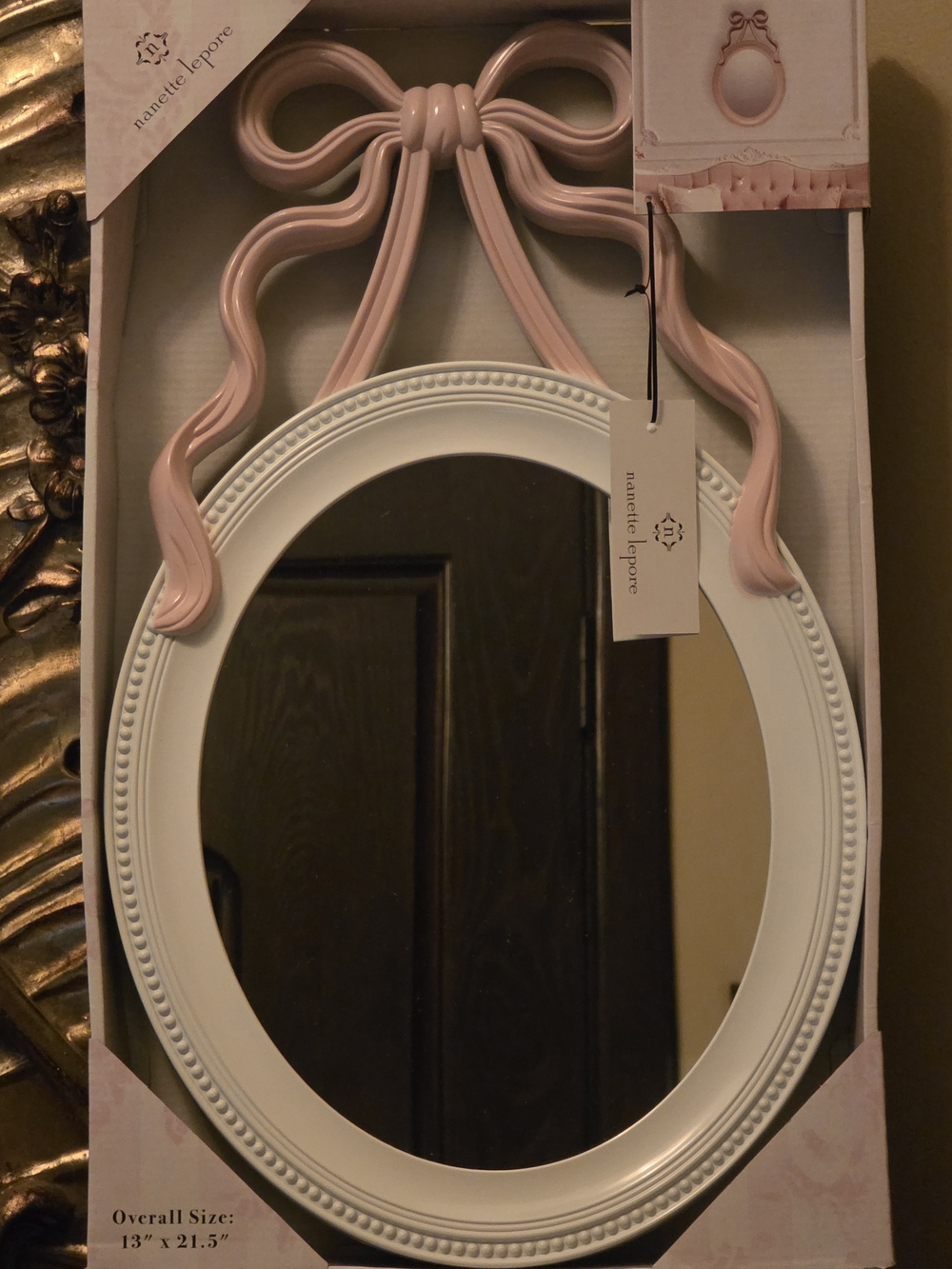 Nanette Lepore Pink Bow Oval Wall Mirror with White Frame